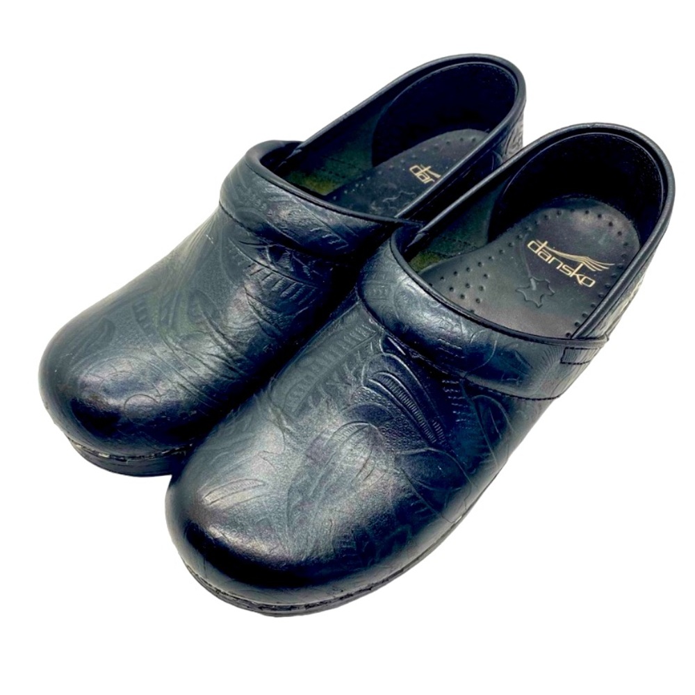 Dansko Professional Black Tooled Leather Clog Shoes Size EU 37 US 7 Slip On
